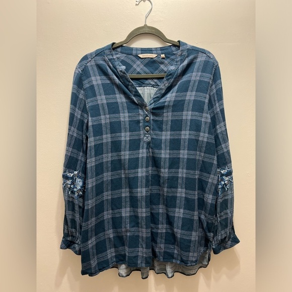 Soft surroundings plaid floral mix blouse tunic Large - Picture 1 of 7